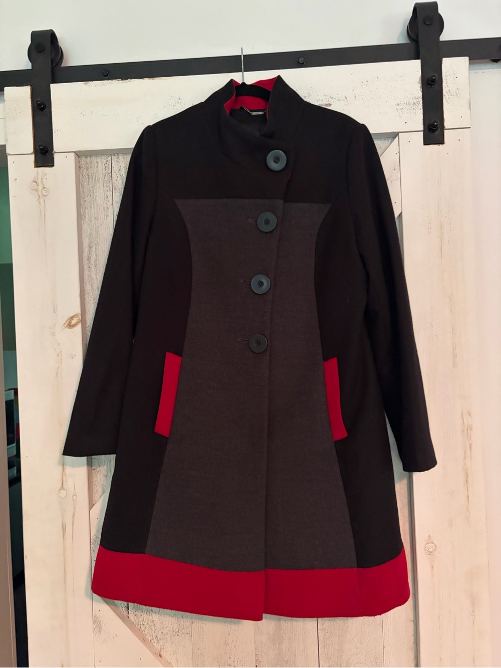 Jessica Black & Red Panel A-Line Pea Coat